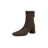 Autumn and Winter Square Head Medium Heel Martin Boots Leather Elastic Fleece Rear Zipper New Low Boots Square Heel Large Size Short Boots Women