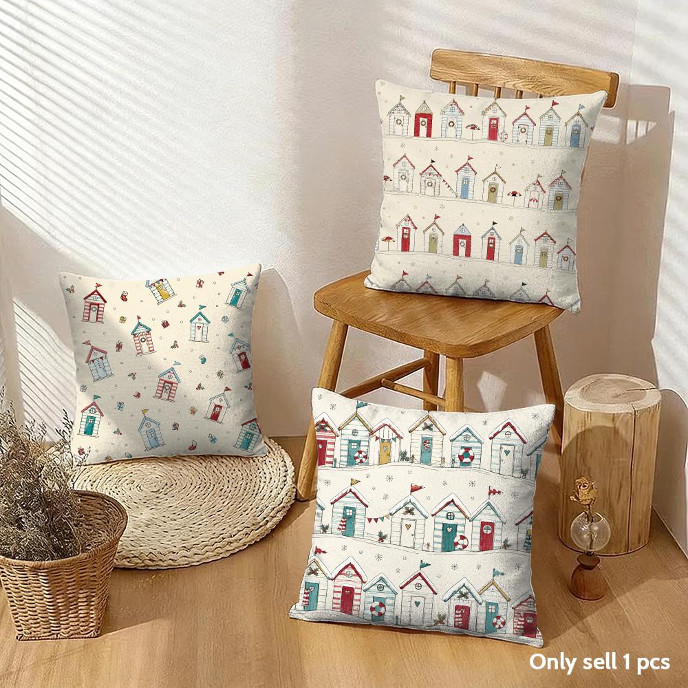 Beach Hut Nautical Coastal Cushion Cover Breathable Short Plush Pillow Case Machine Washable Wrinkle-Resistant Soft Durable
