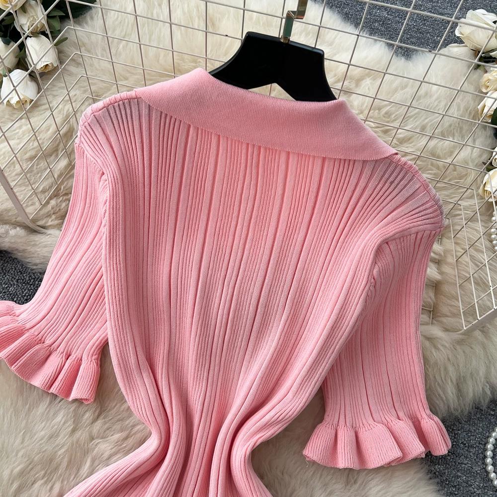 Summer Autumn Pink Button-Down Short Sleeve Short Knit Dress for Women Elegant Turn Down Collar Single-breasted Ruffles Slim Sweater Dresses