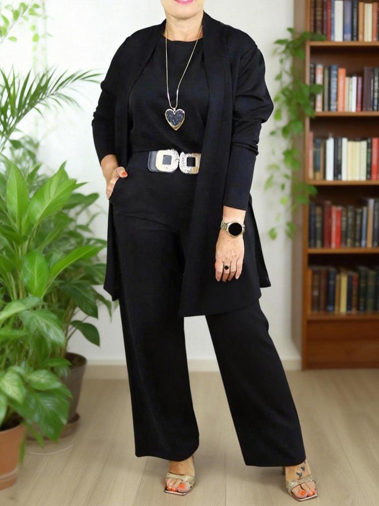 Ensemble trois pièces unicolore pour femme Printemps/Automne 2026: Haut à col rond, Manches courtes, Pantalon long, Manteau de longueur moyenne