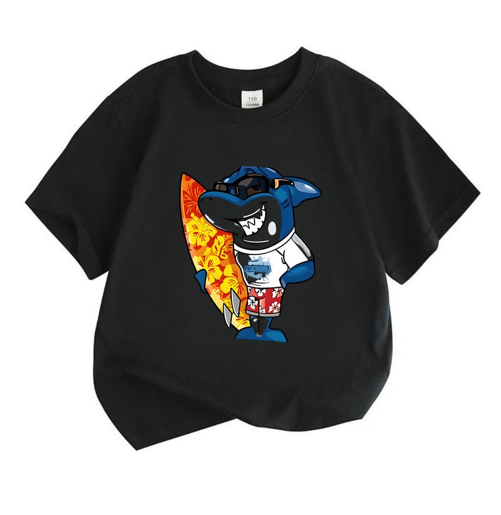 Kids Boys Girls 100% Cotton Crew Neck Short Sleeve T-Shirt, Cool Surfing Shark Cartoon Printed Casual Soft Breathable Summer Top for Children Daily We