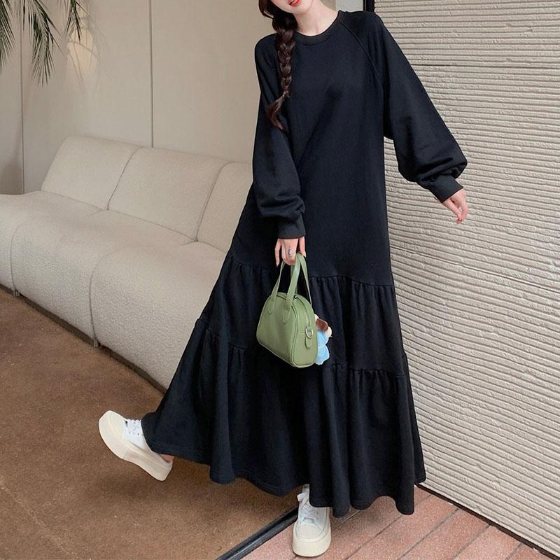 Long Sleeve Plus Fleece Thicken Dress Large Size Loose Lazy Wind Thermal Round Neck Long Solid Youth Comfortable Mermaid Dresses