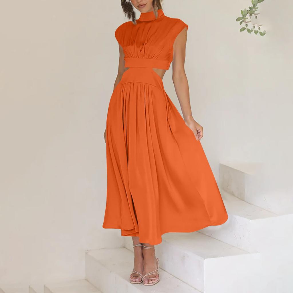 Women's Color Casual High Neck High Waist Maxi Pocket Open Waist Maxi Dress