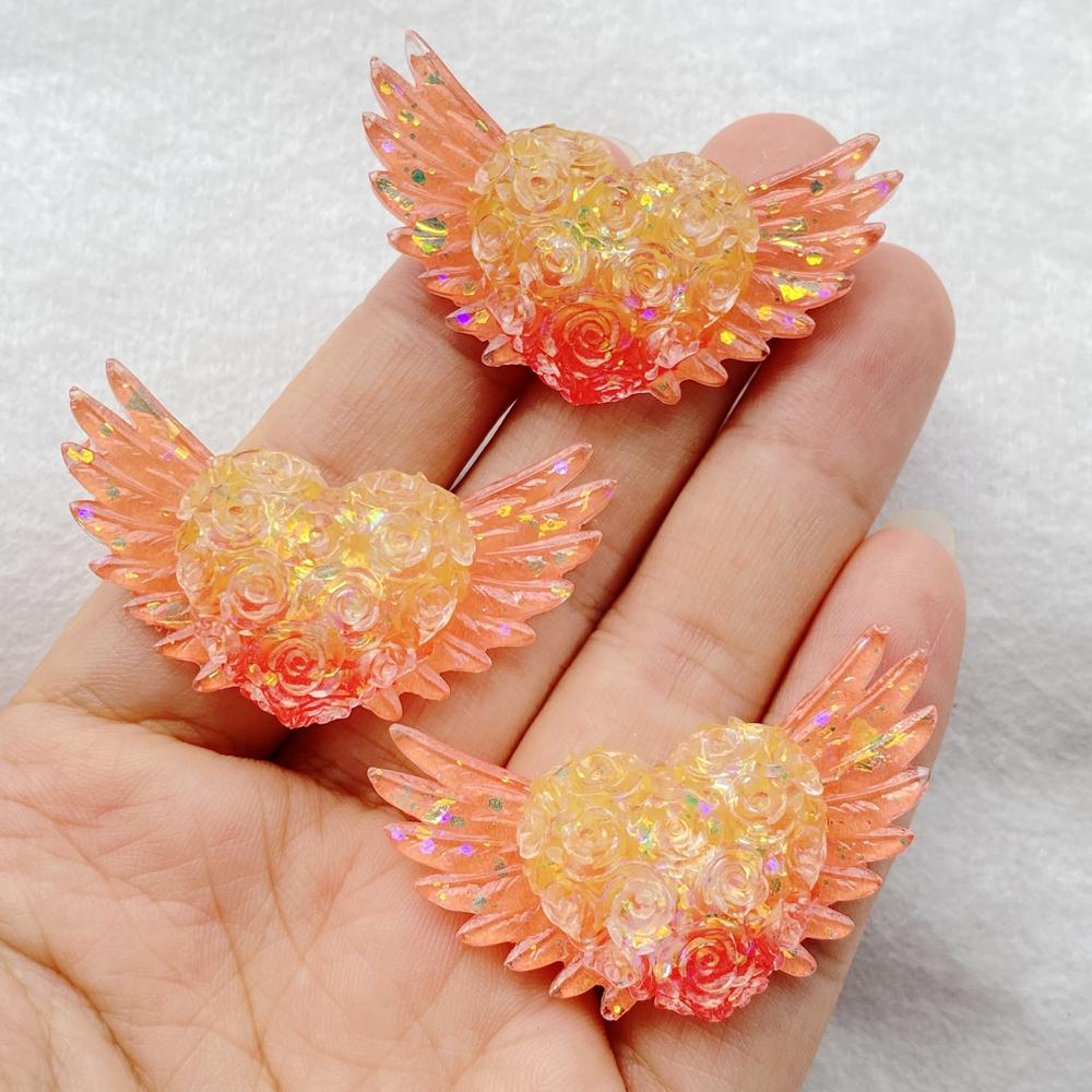 6Pcs Cute Resin Sparkling Colored Rose With Heart-shaped Wings Flat Back Scrapbooking DIY Jewelry Craft Decoration Accessories