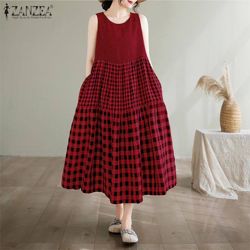 ZANZEA Womens Casual Round Neck Summer Grid Print Sleeveless Dress