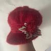 Women's Hat Fleece-lined Ear Protection Hat New Arrival Rabbit Fur Embroider Flower Octagonal Hat Red Classy Hat