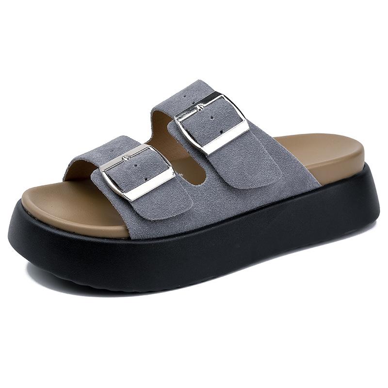 

Genuine leather~~ Slippers women s summer outer wear new soft-soled thick-soled belt buckle casual versatile cool slippers 40 синий