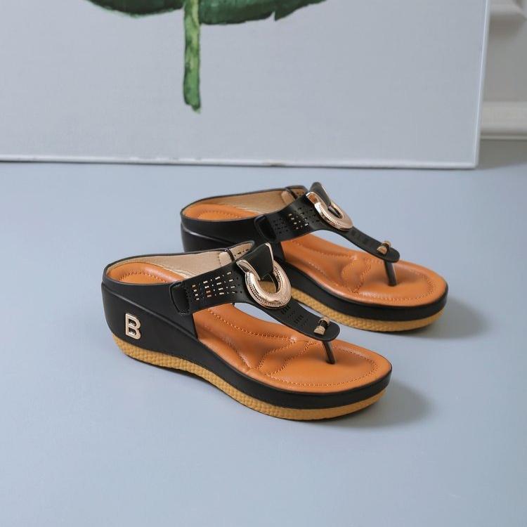 Fashion Women's Fashion Thick-soled Flip Flops Wedge Open Toe Beach Roman Clip-toe Sandal Luxury Metal Buckle Designer Sandals for Women