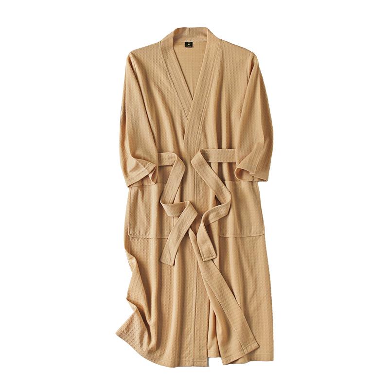 Women's Plus Size Quick-Dry Black Waffle Bathrobe with Three-Quarter Sleeves - Summer Thin
