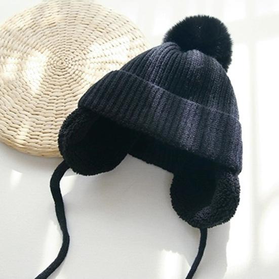 Children Hat Thickened Wool Knit Hat with Pom-Pom Ball Decor Extended Ear Flaps Design Fleece Lining Warm Winter Hat