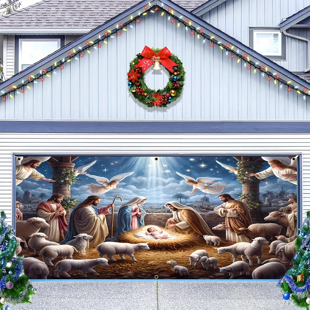 Easter and Christmas Carport Banner, Durable Polyester, Decorated with Patterns of Jesus' Birth, Angels and Sheep