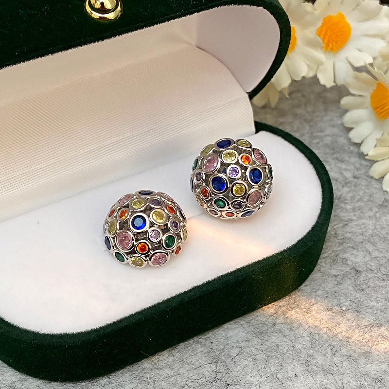 Vintage Spherical Stud Earrings with Colorful Zircon - Retro Court-Style Luxury