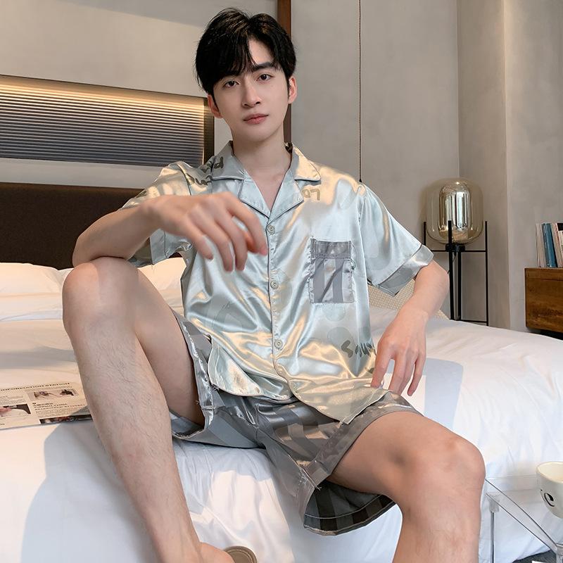 

Plus Size Men Short-Sleeved + Shorts Casual Buttons Student Teenage Homewear Letters Three-Dimensional 2 PCS Set 2XL