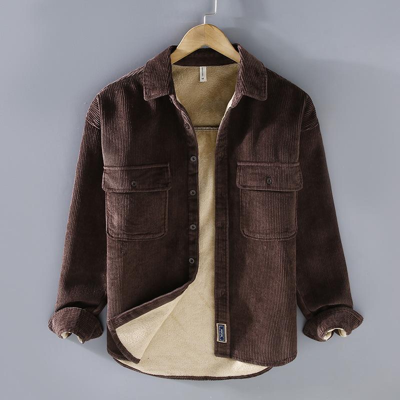 Youth Autumn/Winter Vintage Fleece-Lined Casual Warm Jacket Solid Color Simple Thickened Shirt