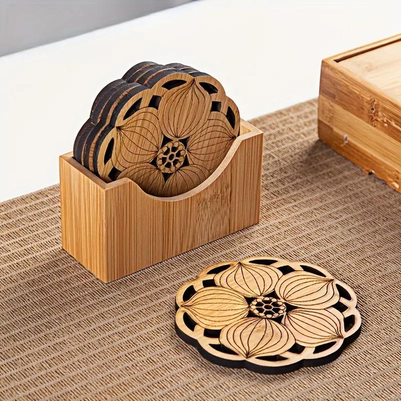 Fashionable Wooden Cup Mat | Petal and Lotus Leaf Shape, Heat-Resistant Table Tea Mat, Perfect for Christmas and Festive Parties