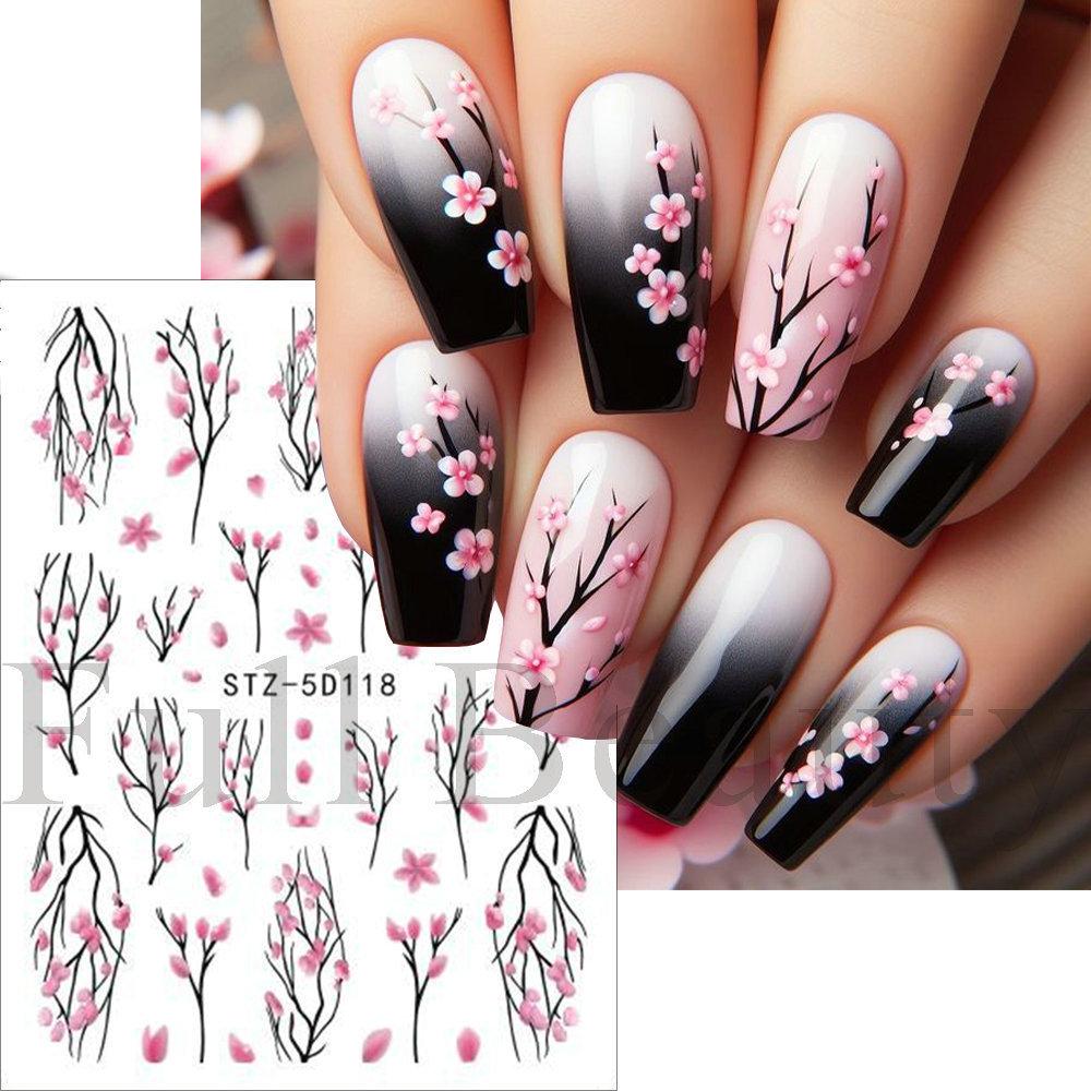 Nail Art Sticker, Relief 5D Three-Dimensional Spring Pink Cherry Blossom Small Flower Adhesive Nail Sticker