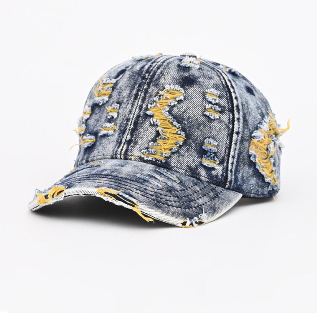 Distressed Denim Baseball Cap with Torn Detailing and Adjustable Strap for Casual Unisex Use Outdoor Activities