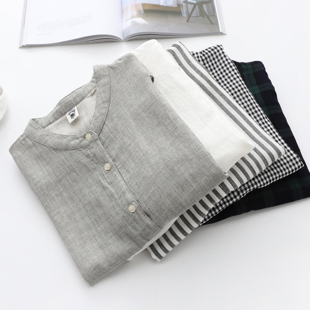 Vintage Cotton Linen Shirt Ladies Stylish Streetwear Short Sleeved Collarless Summer Blouse Women Breathbale Comfty Tops