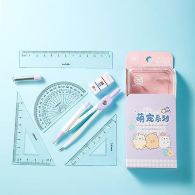 7PCS/Set Plastic Ruler Compasses Set Straight Ruler Set Square Stationery Ruler Set Propelling Pencil Protractor Gift