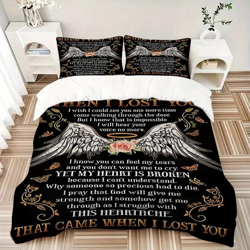 3pcs Angel Wings Memorial Poster Duvet Cover Set, Cover For Bedroom Guest Room (1 Duvet Cover + 2 Pillowcase, Without Quilt),  yy250922192