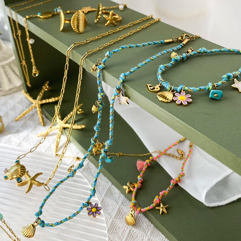 CARLIDANA Ocean Trendy Gold Plated Stainless Steel Fish Starfish Shell Open Ring Link chain Cord Necklace Bracelet Earrings Set