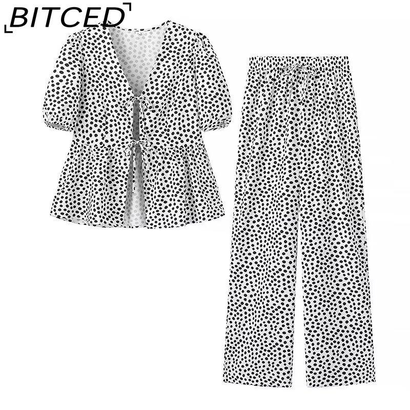 BITCED Женский летний модный повседневный комплект: рубашка с короткими рукавами и принтом, V-образным вырезом на шнуровке и брюки S