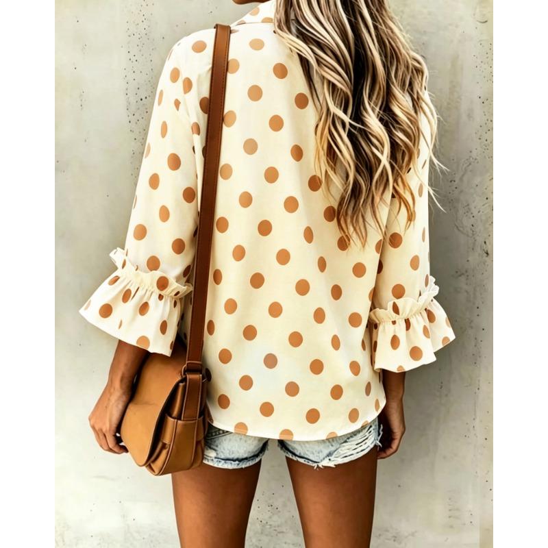 Women Loose Polka Dot Ruffle Sleeve Casual Button Down Shirt
