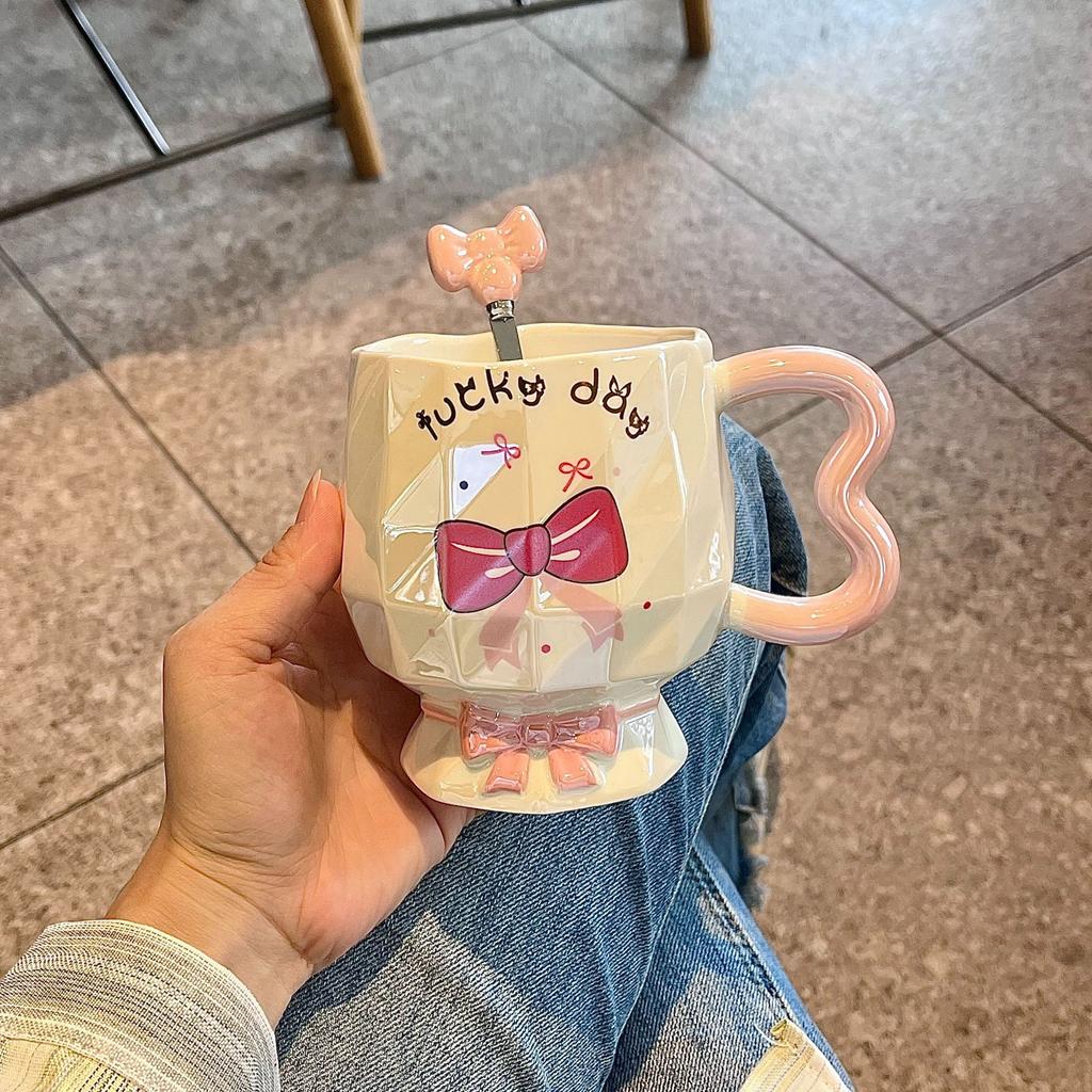 Bow Mug High Looking Girl Heart Cup Ceramic Water Cup Home Couple Office Coffee Breakfast Cup