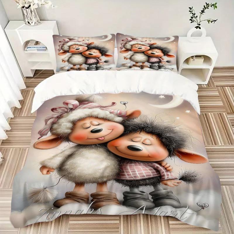 3pcs Anime Cartoon Sheep Bedding Set - Includes One Quilt Cover and Two Pillowcases (No Core) - Home Decor, Festival Gift, Polyester Fabric