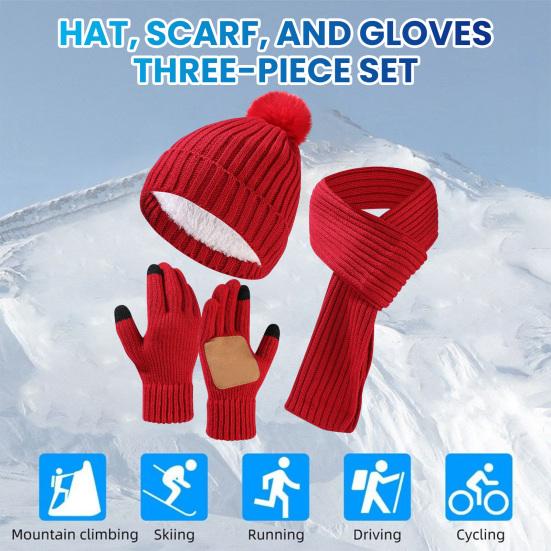 3Pcs/Set Winter Hat Scarf Gloves Set Solid Color Thickened Warm Plush Lining Elastic Brimless Hat Long Scarf Knitting Gloves Set