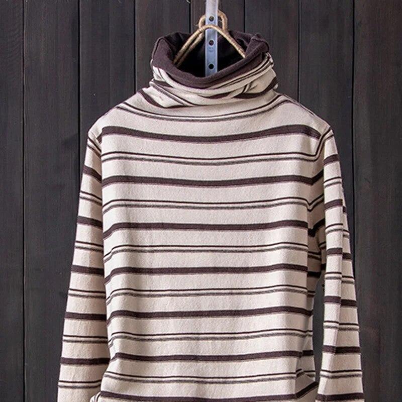 2024 Autumn Winter New Striped Printing Fashion Turtleneck Long Sleeve T-shirt Women Contrast Color Vintage All-match Pullovers