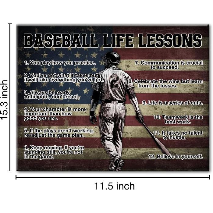 Hijie Baseball Poster Canvas Wall Art for Living Room Bedroom Home Decor, Baseball Life Lessons Motivational Canvas Print Painting 12x15 Inch