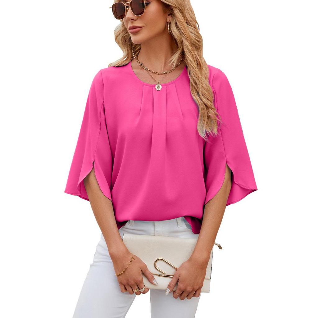 2024 Women's Loose Chiffon Short Sleeve Blouse - Solid Color, Round Neck, Five-Point Sleeves