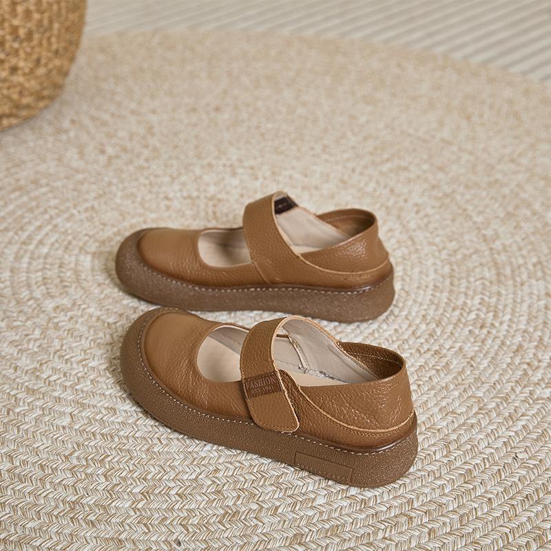 First layer cowhide retro Mary Jane shoes women's shoes 2025 Korean version Velcro flat casual shoes genuine leather mother shoes