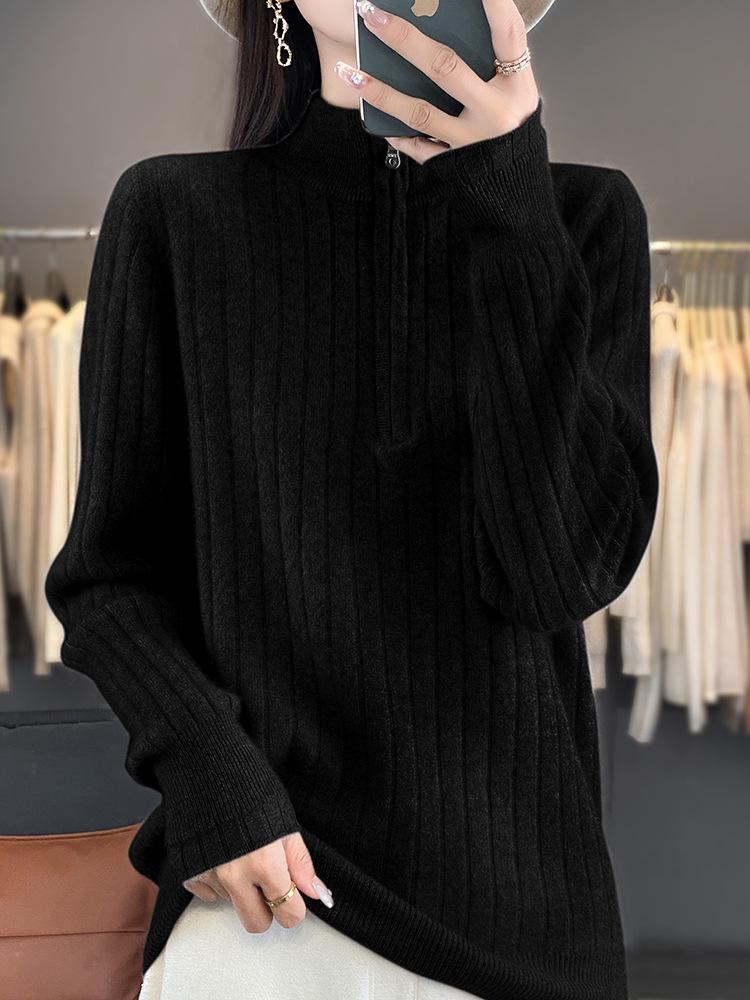 Women's Heavy-Duty Half-Zip Cable Knit Wool Sweater - Warm, Thickened Stand Collar for Autumn & Winter
