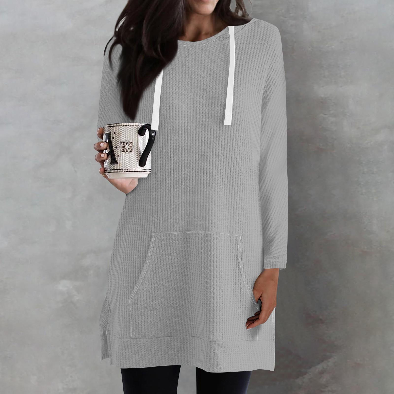 

Женские однотонные свободные рубашки с длинным рукавом, толстовки с капюшоном и завязками, трикотажные туники с боковыми разрезами и карманами S светло-серый