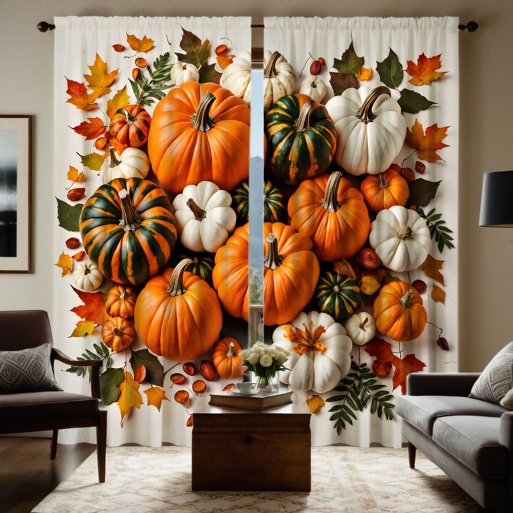 2 pieces HD blue plaid pumpkin maple leaf decorative curtain Yellow tie digital printed curtain Home decoration style decoration