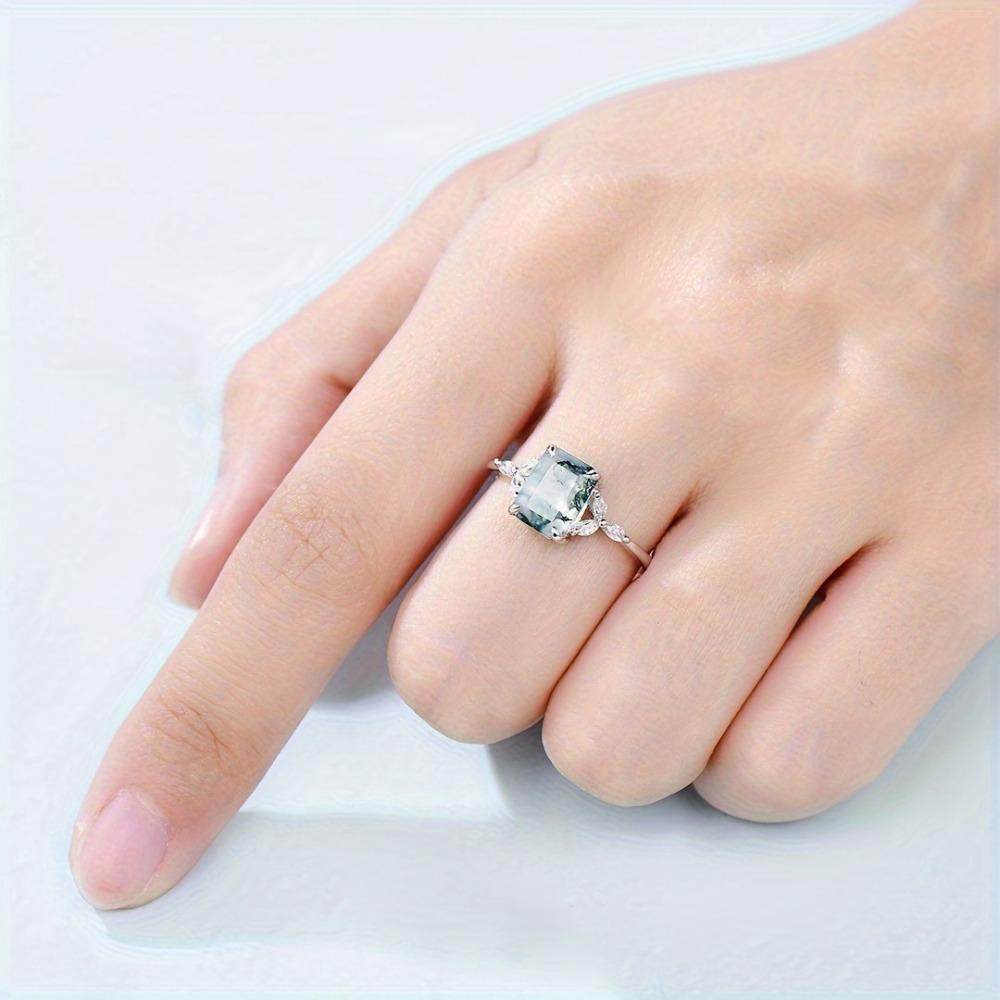 925 Sterling Silver Bohemian Natural Green Moss Agate Ring for Women Wedding Engagement Jewellery Gift