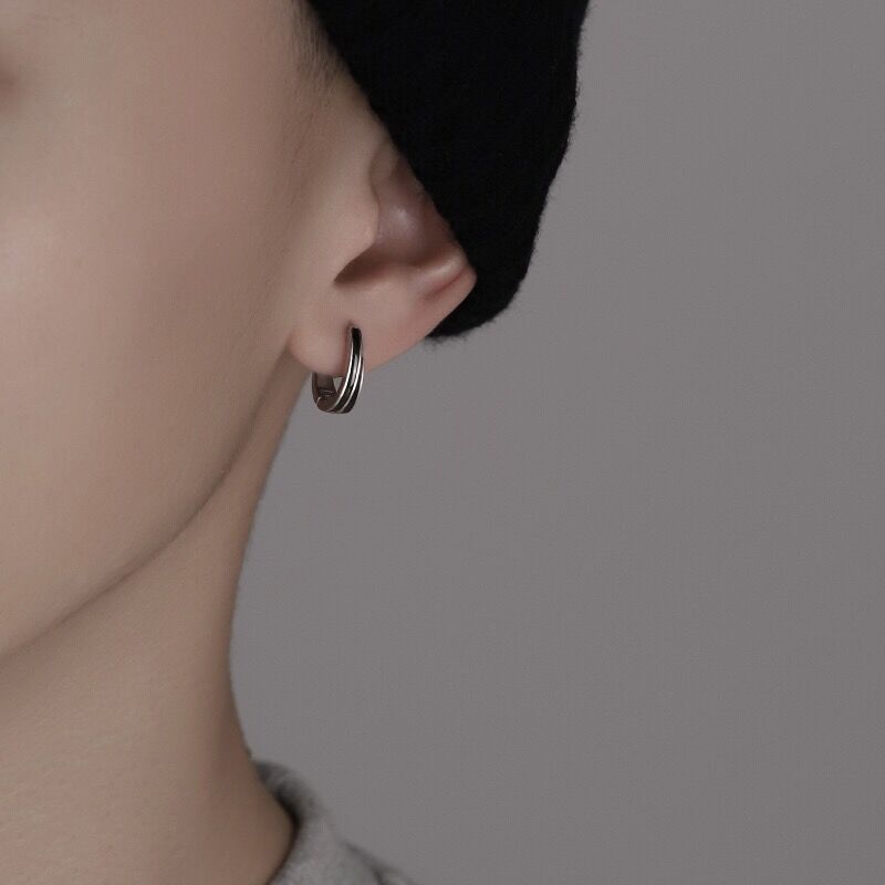 S925 Sterling Silver Black Line Ear Buckle Earrings