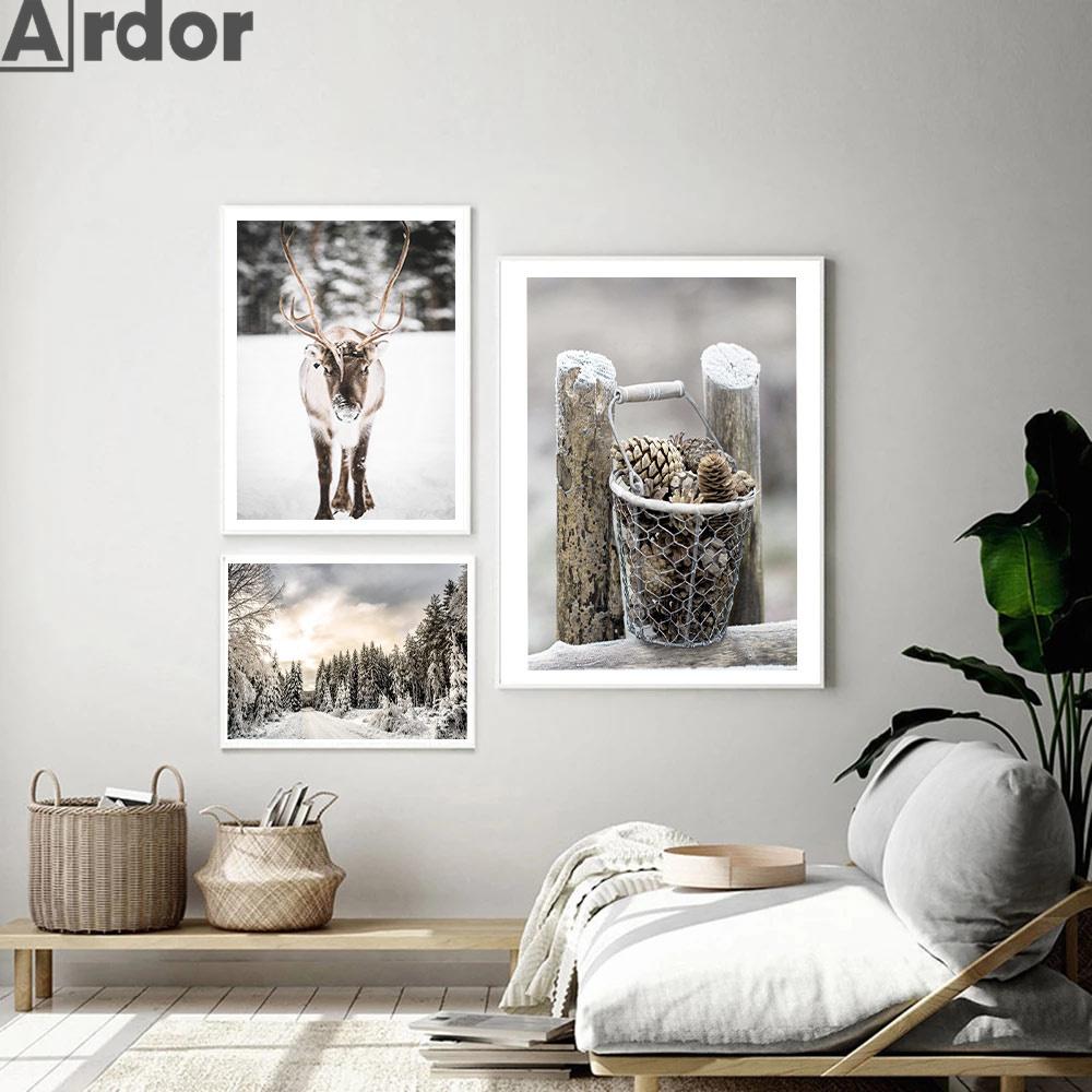 Zima Snow Tree Pine Nástěnný Umělecký plakát Obrazy sobů Obraz na plátně Dům Auto Plakáty Nordic Wall Pictures Dekor do obývacího pokoje