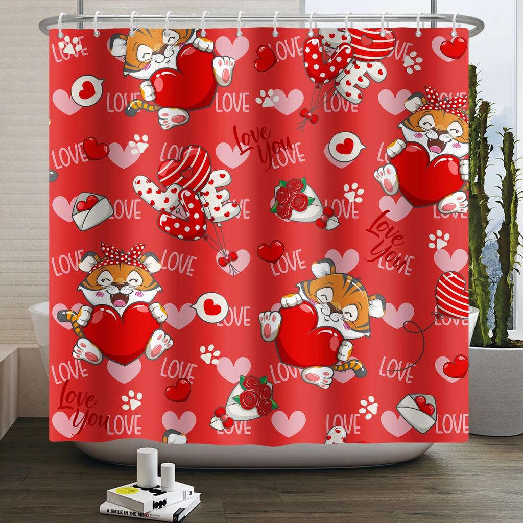 Happy Valentines Day Heart Shower Curtain Red Pink Romantic Falling Love Heart Sweet Lovers Waterproof Bathroom Curtain Decor