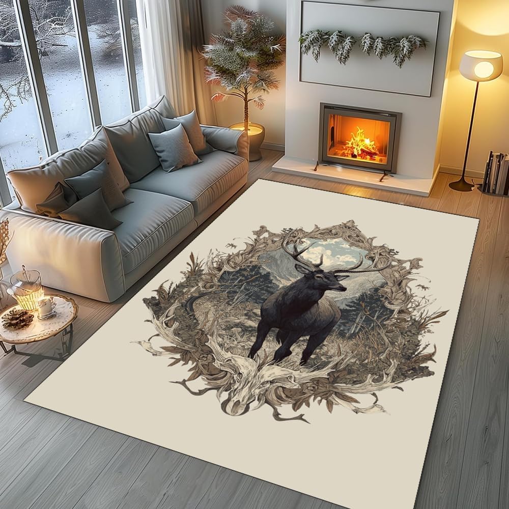 Retro Deer Pattern Carpet Mat - Nordic Style Home Decoration Carpet Suitable for Living Room  Bedroom Animal Printed Floor Mat