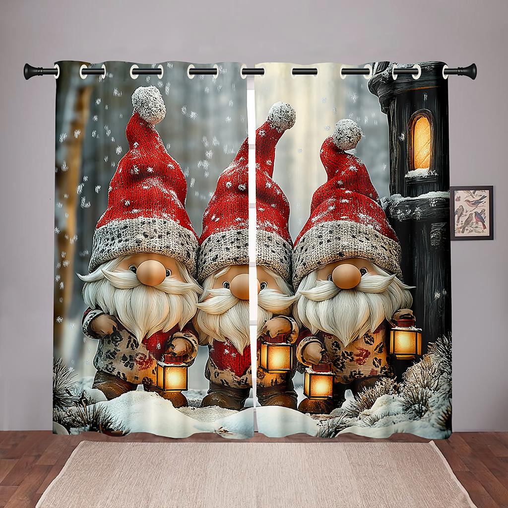 Vánoční gnomské závěsy 2 panely 3D tisk Zatemňovací Zimní dekorace Ložnice Obývací pokoj Severský trpaslík Lucerna Sněhová scéna Svátek