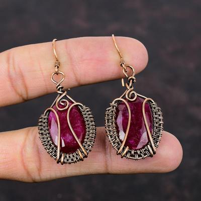 Faceted Kashmir Ruby Earring Copper Wire Wrapped Jewelry Very Pretty Gemstone Earrings Handmade Copper Wire Wrapped Earring Anniversary Gift