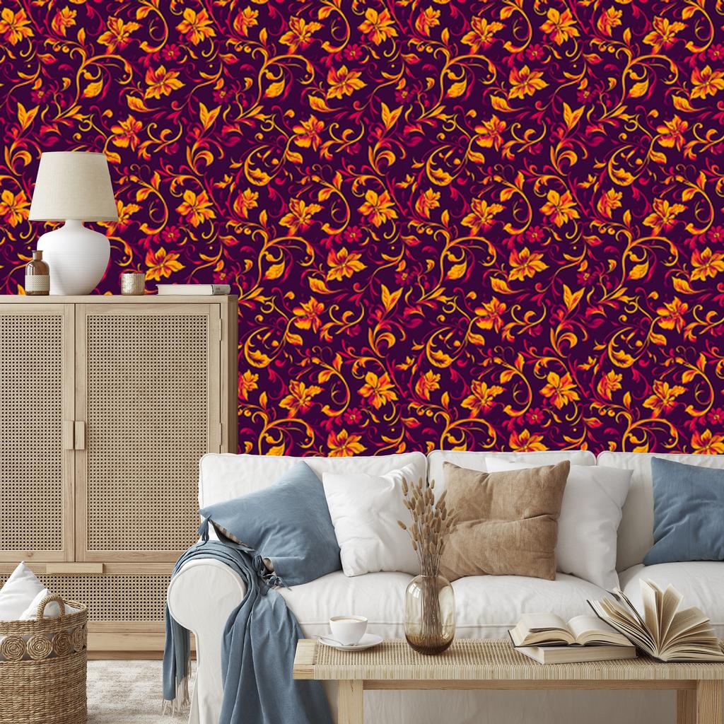 Intricate floral pattern wallpaper in burgundy and plum 50x1000