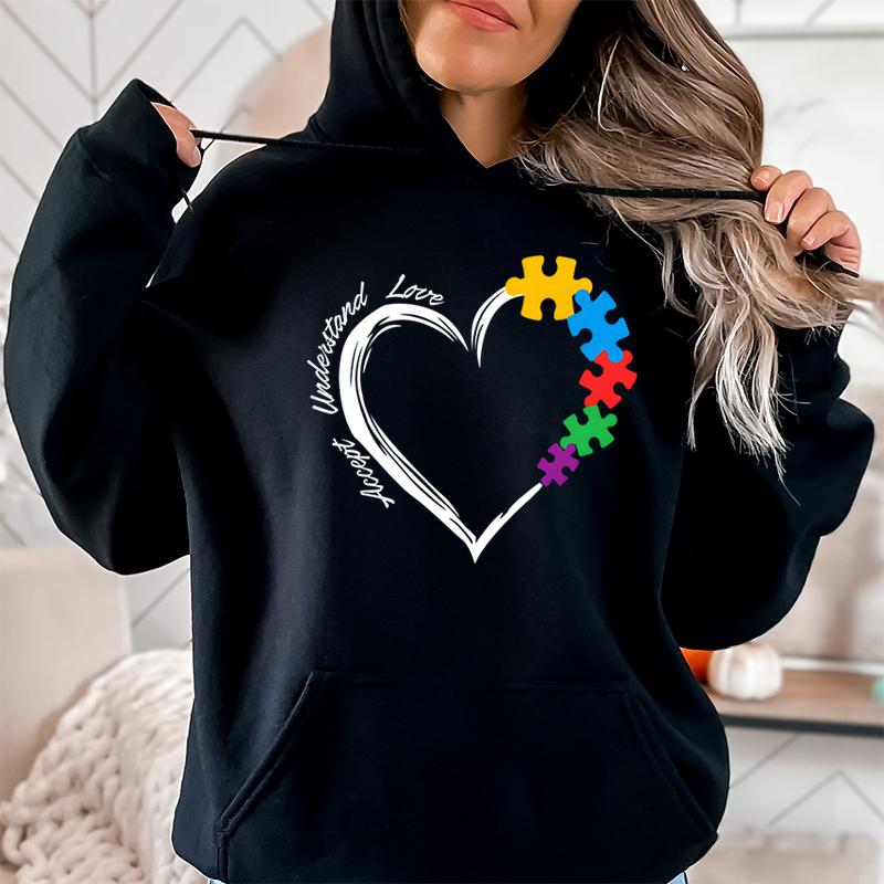 Autism Heart Accept Understand Love Print Hoodies For Women Fashion Casual Pullovers Long Sleeves Autism Mom Sweatshirts Tops