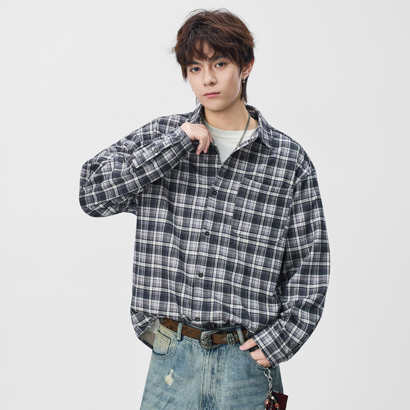Retro Casual Checkered Shirt Men s Spring Long Sleeved Loose Collared Versatile Jacket L черный серый