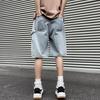 Men Denim Shorts Elastic Drawstring Waist Wide Leg Pockets Shorts with Straight Solid Color Casual Shorts Streetwear