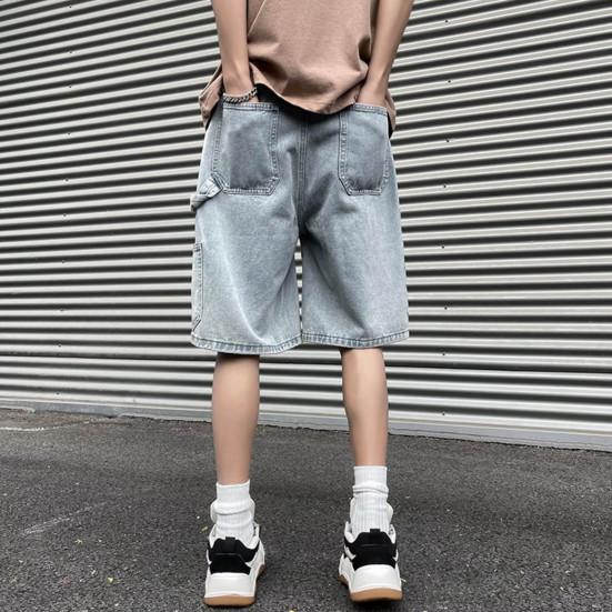Men Denim Shorts Elastic Drawstring Waist Wide Leg Pockets Shorts with Straight Solid Color Casual Shorts Streetwear