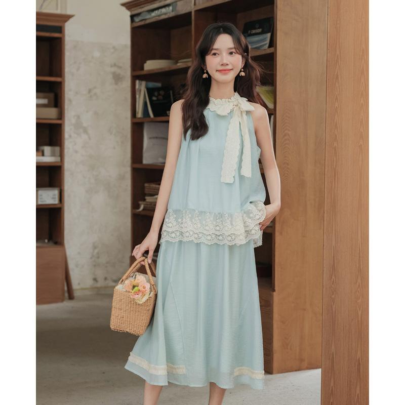 

Летний мятно-зеленый топ с открытыми плечами без рукавов для женщин + юбка с эластичной талией, комплект из двух предметов L